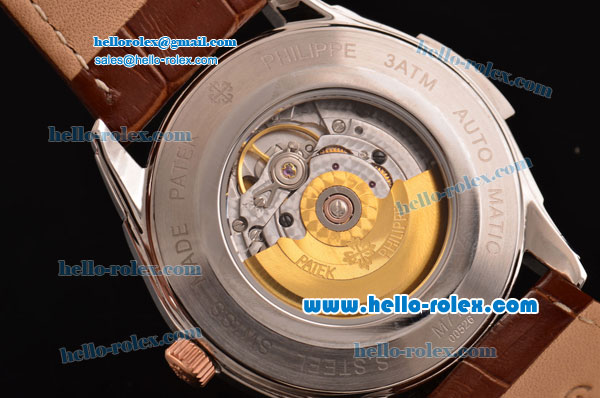 Patek Philippe Calatrava Swiss ETA 2824 Automatic Steel Case Rose Gold/Diamond Bezel with Brown Leather Strap White Dial Diamond Markers - Click Image to Close